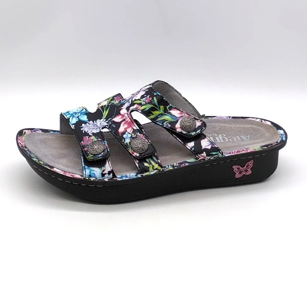Alegria Shoes Womens Dinah Black Flora EUR 39 Leather Sandals Slide Wedge NEW